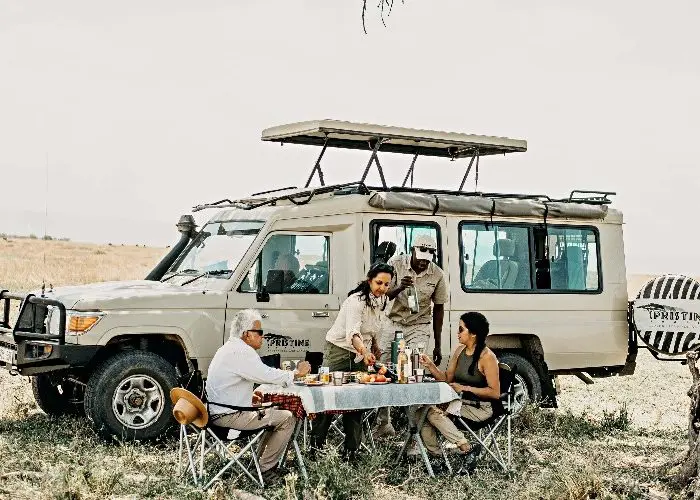 A group enjoys a picnic beside a safari vehicle in the grassy expanse of a national park's savanna.