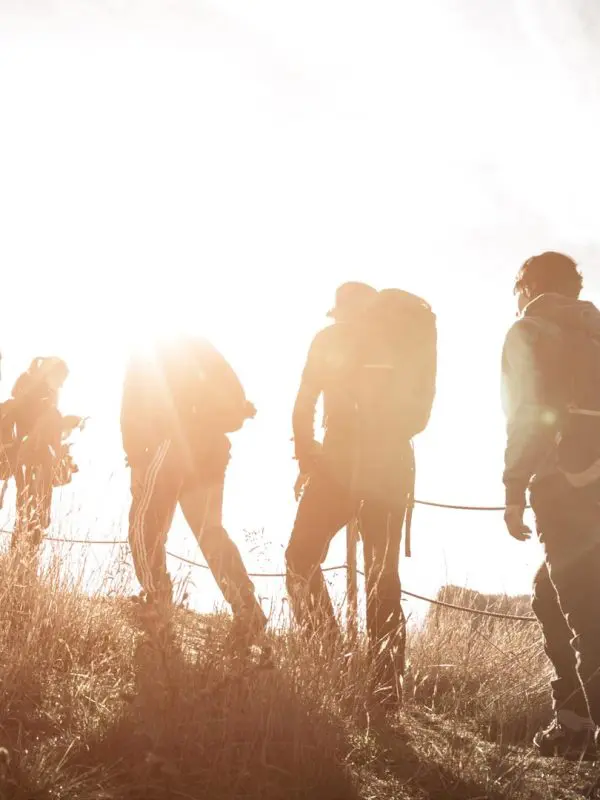 A group of hikers with backpacks walks uphill along a path in bright sunlight.