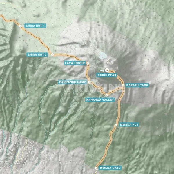 Topographical map of Mount Kilimanjaro, displaying routes, camps, and key landmarks such as Uhuru Peak, Barafu Camp, and Karanga Valley.