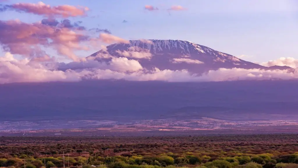 A distant view of a snow-capped mountain peak surrounded by clouds, overlooking a vast landscape of green vegetation and open plains.