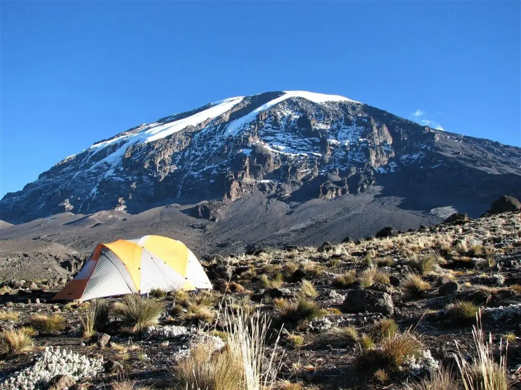 A tent is set up on grassy terrain against a backdrop of Mount Kilimanjaro, with its snow-capped peak under a clear blue sky.