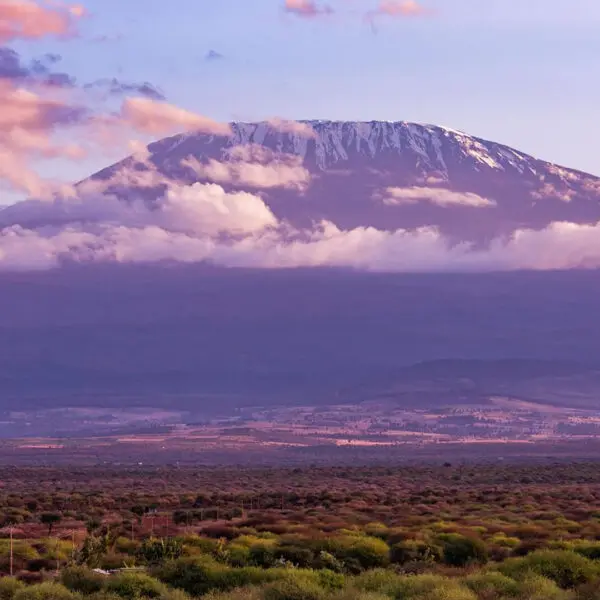 A snow-capped mountain peak rises above a layer of clouds, with a vast plain and sparse vegetation in the foreground—an inspiring scene for first-timers beginning their Kilimanjaro training under a partly cloudy sky.