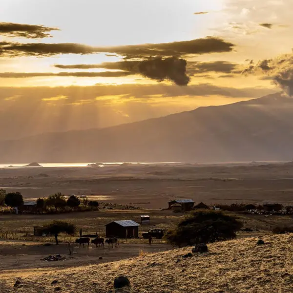 Sun rays break through clouds over a rural landscape with scattered trees, cattle, and small houses—perfect scenery for a first-time safari—with mountains and a body of water in the background.