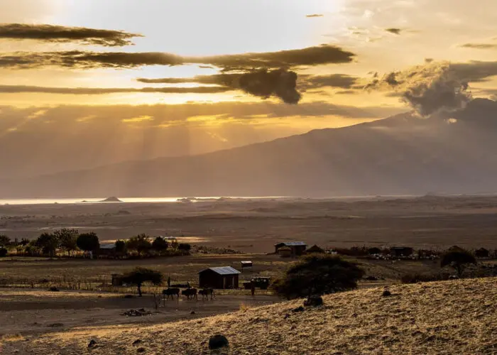 Sun rays break through clouds over a rural landscape with scattered trees, cattle, and small houses—perfect scenery for a first-time safari—with mountains and a body of water in the background.