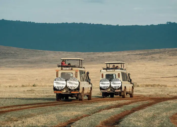 Two safari vehicles with zebra-patterned covers drive on a dirt road across a grassy plain. Hills rise in the background beneath a partly cloudy sky—an inviting scene for those looking to compare safari packages or explore Tanzania tour packages.