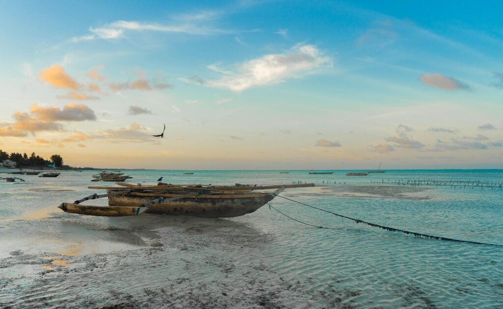 Wooden boats anchored on a tranquil Tanzanian beach with distant trees and a colorful sky. A bird flies above the water, and the tide is low, revealing rippled sand. Visit Tanzania for this serene coastal escape!.