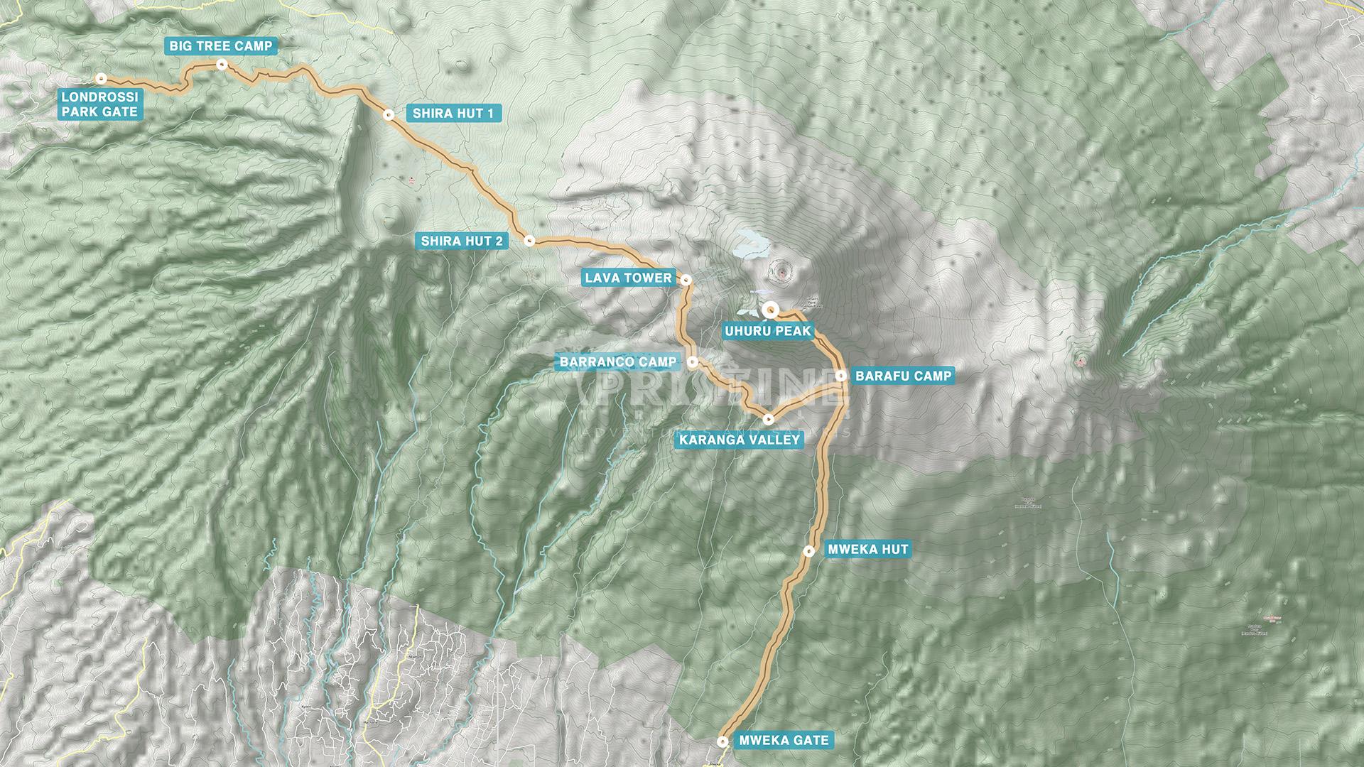 Topographic map of Mount Kilimanjaro highlighting the Northern Circuit Route, with labeled campsites along the hiking trail, including Uhuru Peak, Lava Tower, and various gates and campsites.