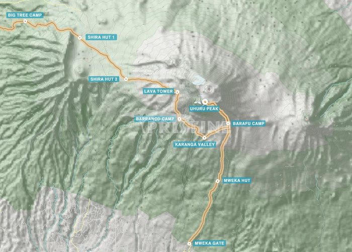 Topographical map of Mount Kilimanjaro, displaying routes, camps, and key landmarks such as Uhuru Peak, Barafu Camp, and Karanga Valley.