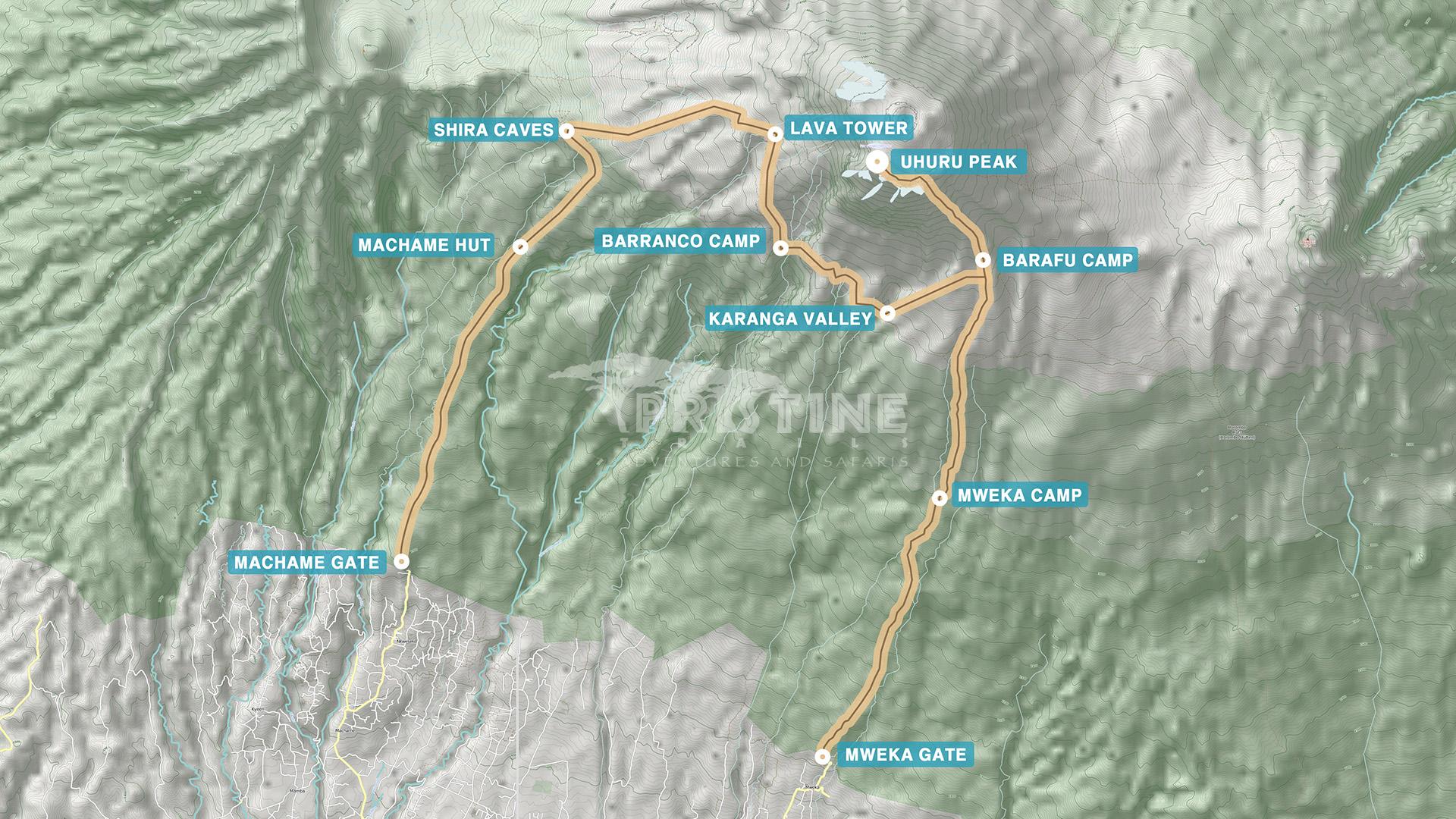 Map of Kilimanjaro's Machame Route showcases a thrilling trekking adventure, highlighting main camps: Shira Caves, Lava Tower, Barranco, Karanga Valley, Barafu, Uhuru Peak. Begin your Kilimanjaro climbing journey at Machame Gate and conclude at Mweka Gate.