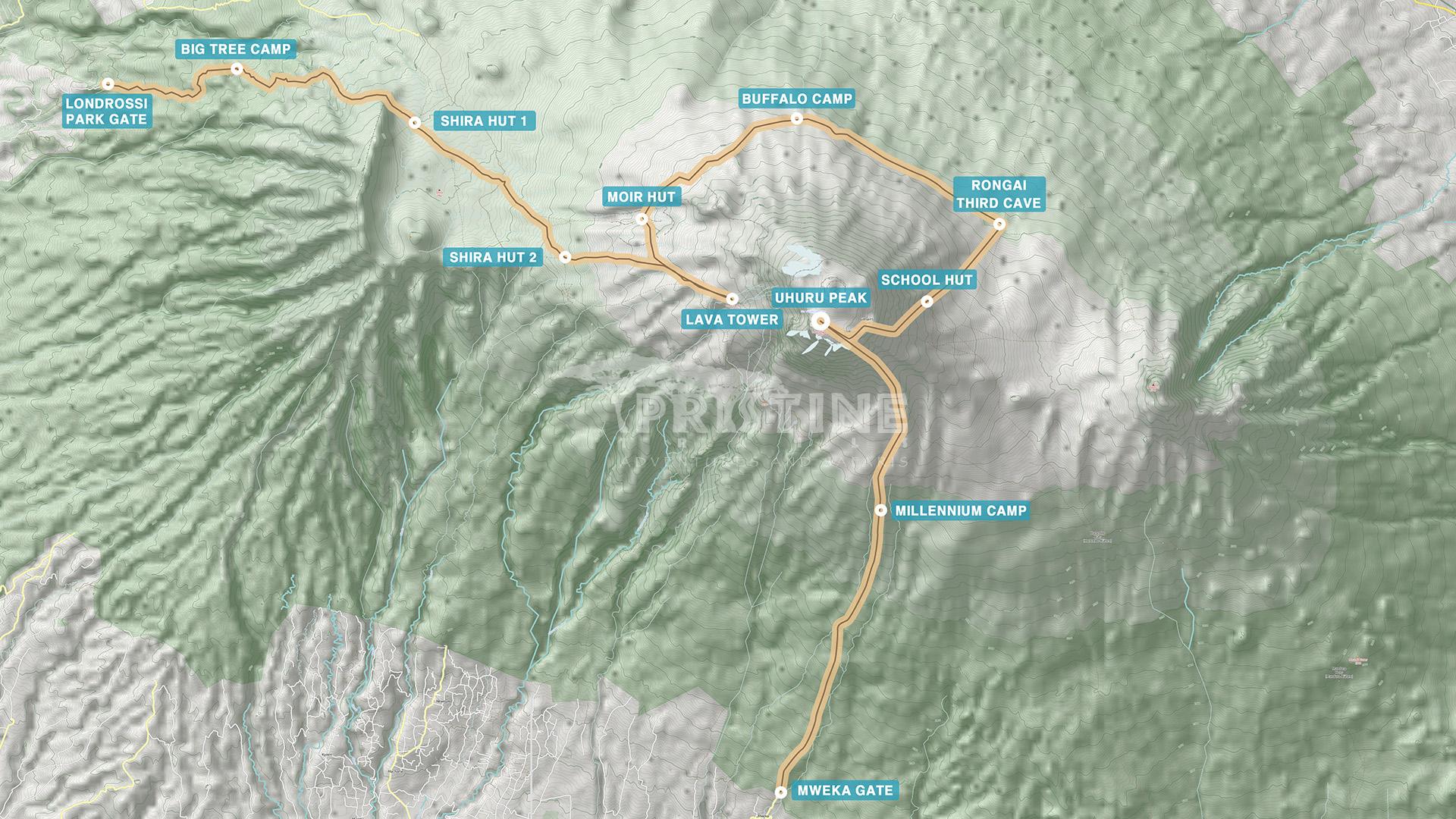 Map of Kilimanjaro's hiking routes, featuring the Northern Circuit and showcasing various camps like Big Tree Camp, Millennium Camp, and Shira Hut 1. Discover landmarks such as Uhuru Peak and Lava Tower along this scenic pathway.