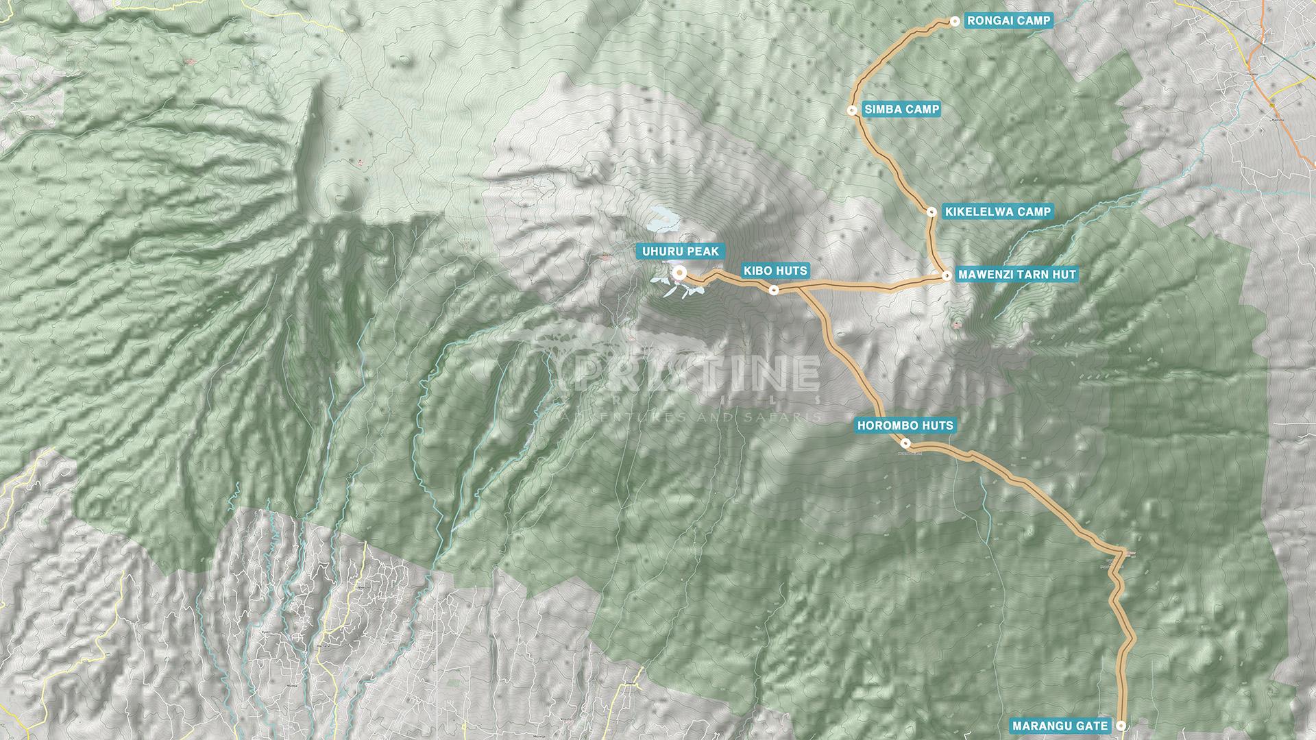 Topographic map showcasing Mount Kilimanjaro's routes, featuring the Northern Circuit Route along with Uhuru Peak and camps such as Kibo, Horombo, and Mweka.