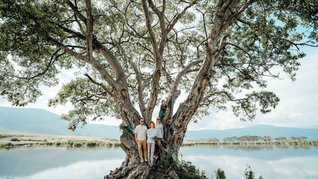 Four people stand on and around a large tree by a lake, with mountains in the background.