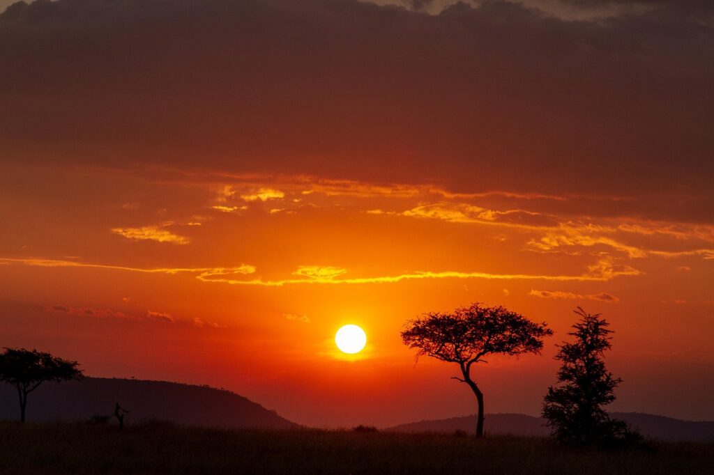 Sunset over the vast Serengeti landscape showcases silhouetted trees and distant hills under a cloudy sky, offering a scene that rivals even the beauty of the famed Ngorongoro Crater.