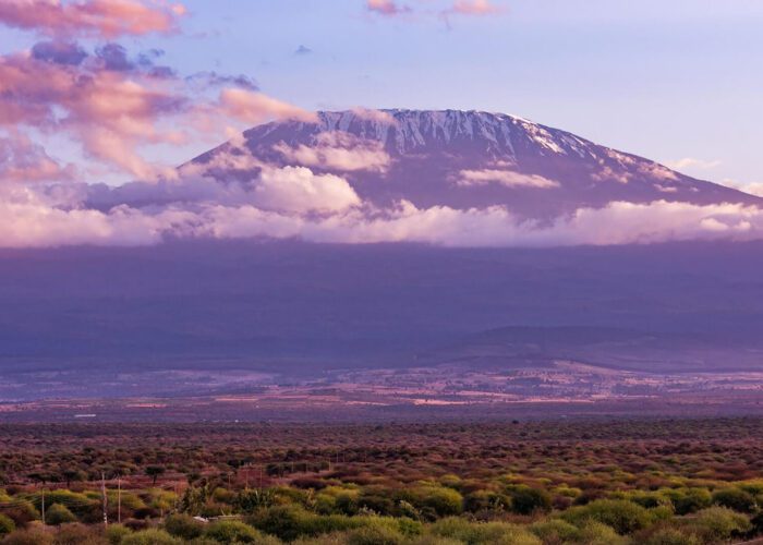 A snow-capped mountain peak rises above a layer of clouds, with a vast plain and sparse vegetation in the foreground—an inspiring scene for first-timers beginning their Kilimanjaro training under a partly cloudy sky.