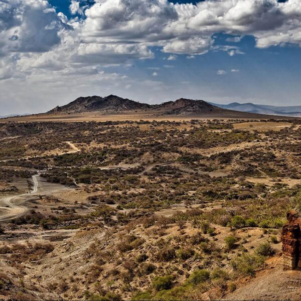Arid landscape with sparse vegetation, dirt roads, rocky hills, and a partly cloudy sky, featuring a prominent cliff in the foreground—an ideal scene for travel enthusiasts looking to visit Tanzania’s rugged beauty.